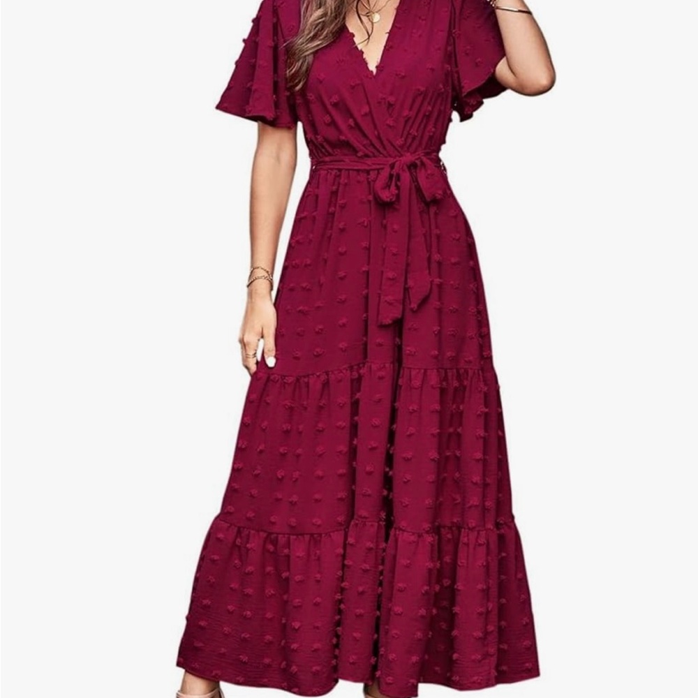 Mascomoda women’s boho Swiss dot maxi dress in magenta, size L